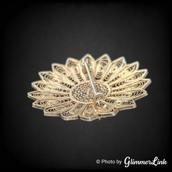 Vintage Sterling Silver Gilt Filigree Round Teal Cabochon Brooch Pin - Picture 6 of 7